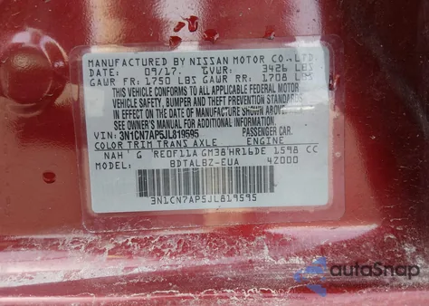 2018 Nissan Versa 1.6 Sv from USA, damaged, VIN 3N1CN7AP5JL819595